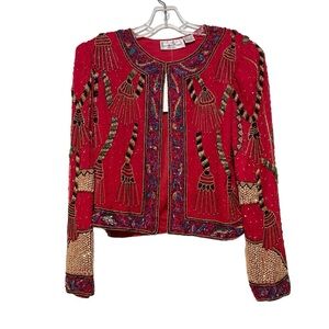 Laurence Kazar Red Beaded Jacket with Gold Accents